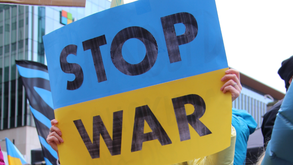 Ukraine Flag Banner reads Stop War