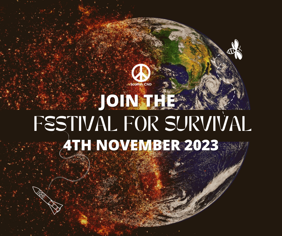 The Festival for Survival Promotional Image - An image of the earth with fire on the left moving towards a green and healthy globe on the right. On the left a nuclear weapon is cut from a thread, on the right a bee flies upwards. In the centre words read "Join the Festival for Survival. 4th November 2023." A peace symbol is pictured in the top centre.
