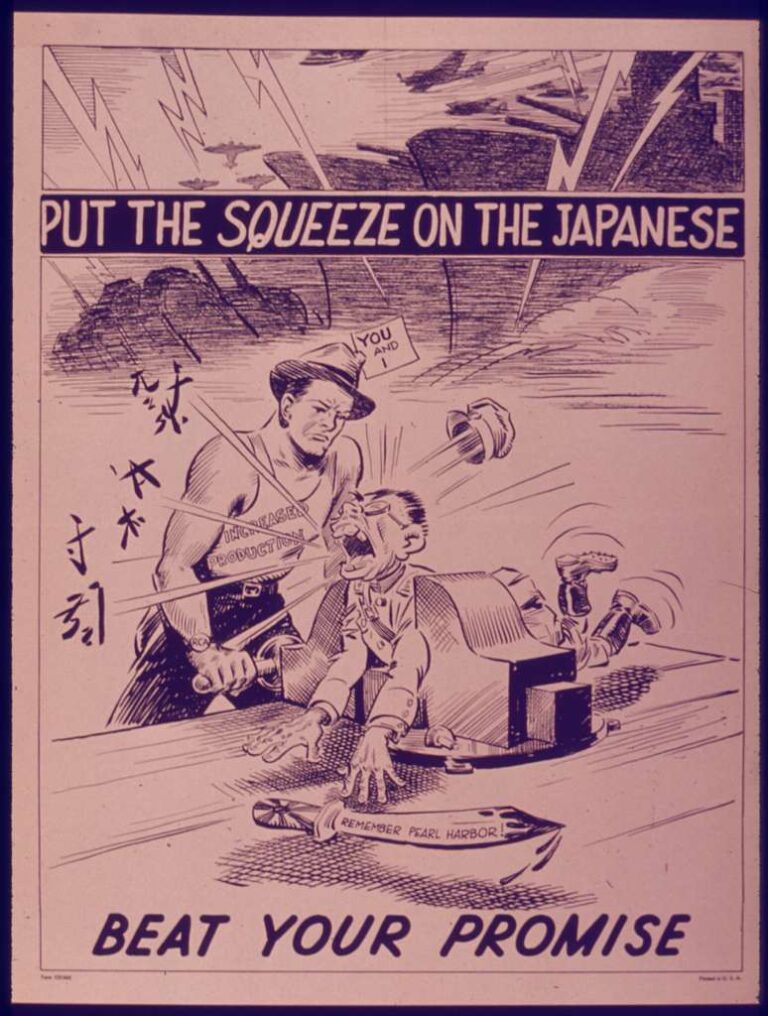Propoganda poster depicts American squeezing Japanese man